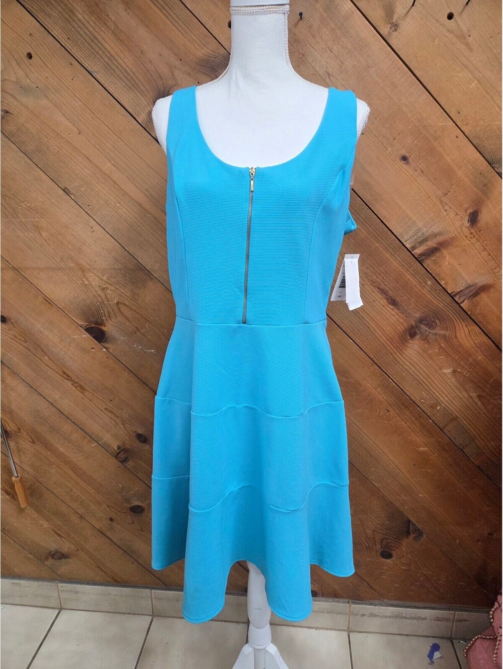 NWT DR Collection Dress Size 14 Lagoon Blue Sleeveless Fit & Flare Gold Zip Y2K